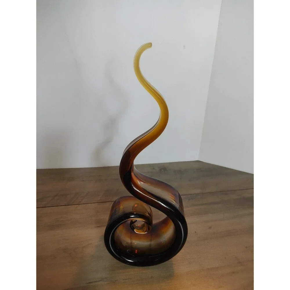 MCM Murano Style Art Glass Ribbon Sculpture Amber Smoke Flame 12.5